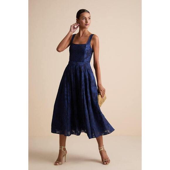 Lulus Dresses & Skirts - Lulus Loira Navy Burnout Jacquard Lace-up Midi Dress Blue - Size XL